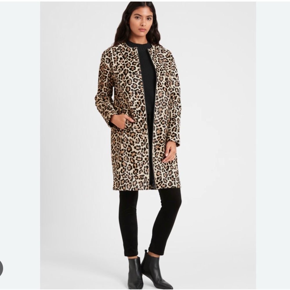 Banana Republic Heritage Leather Haircalf Leopard Print Women's Coat XS Petite